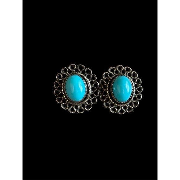 Sterling Silver Oval Turquoise Cabochon Filagree Stud Earrings 925 - Picture 1 of 4